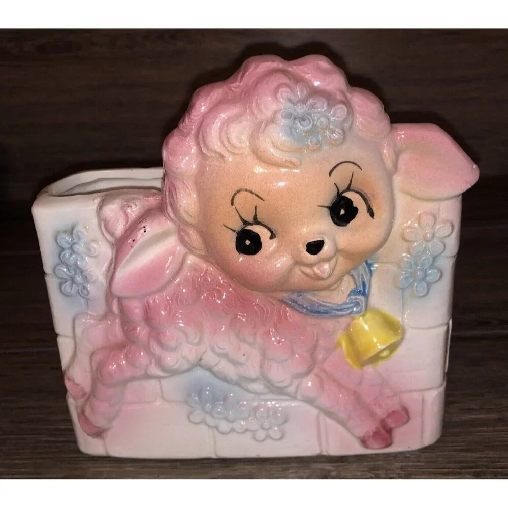 Vintage EO Brody Nursery Planter Pink Blue Big Eyes  Lamb Japan  Anthropomorphic